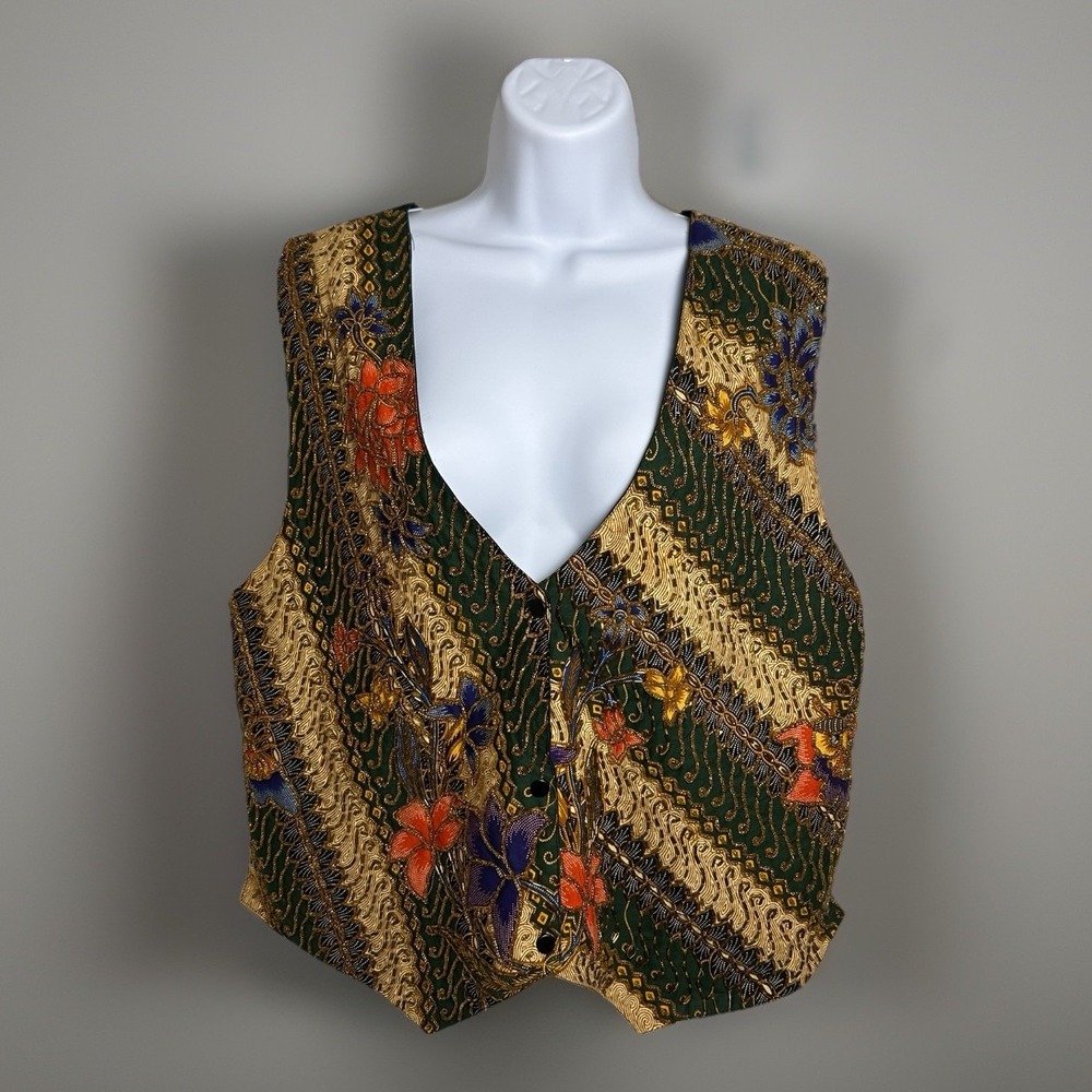 Bali Collection Gold Beaded Floral Snap Front Vest‎ Boho Festival One Size Lined
